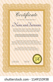 Orange Certificate. Money Pattern design. Vector illustration. With guilloche pattern and background. 