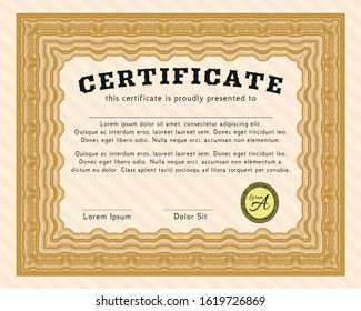 Orange Certificate. Money Pattern design. With great quality guilloche pattern. Detailed. 