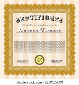 Orange Certificate.  Money Pattern design.  With guilloche pattern and background.  Detailed. 