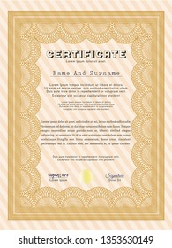 Orange Certificate. Perfect design. Vector illustration. With great quality guilloche pattern. 