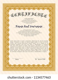 Orange Certificate. Retro design. Detailed. With great quality guilloche pattern. 