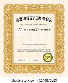 Orange Certificate template. With complex background. Beauty design. Detailed. 