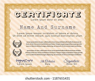 Orange Certificate template. With complex background. Sophisticated design. Detailed. 