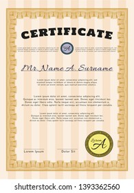 Orange Certificate template. With complex background. Nice design. Vector illustration. 