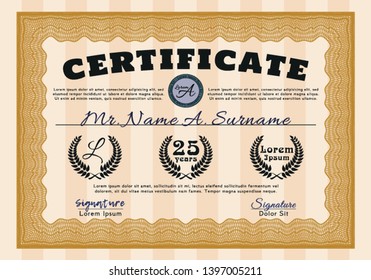 Orange Certificate template. Complex background. Detailed. Modern design. 