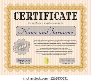 Orange Certificate template. With complex linear background. Elegant design. Vector illustration. 