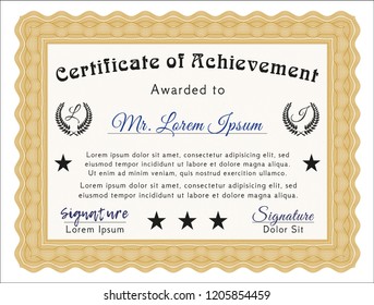 Orange Certificate template. Customizable, Easy to edit and change colors. With guilloche pattern and background. Cordial design. 