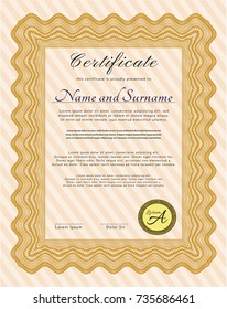 Orange Certificate template. Customizable, Easy to edit and change colors. With guilloche pattern. Money Pattern. 