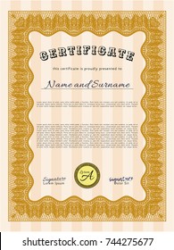 Orange Certificate template. Customizable, Easy to edit and change colors. With guilloche pattern. Money Pattern design. 