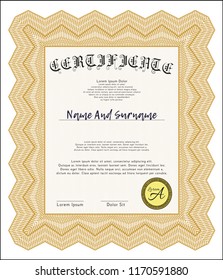 Orange Certificate template. Detailed. With complex linear background. Superior design. 