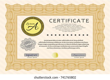 Orange Certificate template. Detailed. With complex linear background. Good design. 