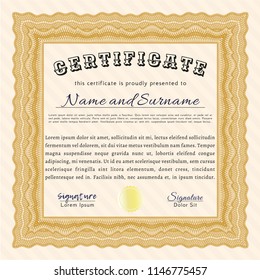 Orange Certificate template or diploma template. Artistry design. With guilloche pattern and background. Detailed. 