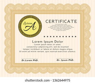 Orange Certificate template or diploma template. With background. Money design. Detailed. 