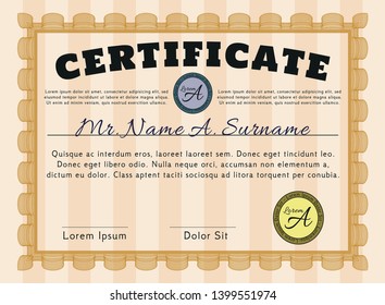 Orange Certificate template or diploma template. With background. Customizable, Easy to edit and change colors. Money style design. 