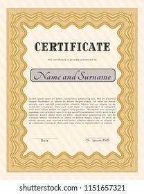 Orange Certificate template or diploma template. With complex background. Excellent design. Vector illustration. 