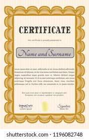 Orange Certificate template or diploma template. With complex linear background. Detailed. Money Pattern design. 