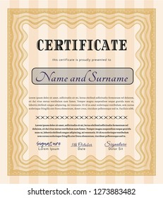 Orange Certificate template or diploma template. With complex linear background. Detailed. Lovely design. 