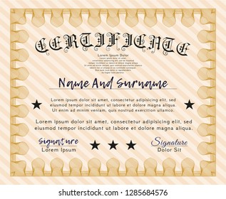 Orange Certificate template or diploma template. With complex linear background. Money style design. Customizable, Easy to edit and change colors. 