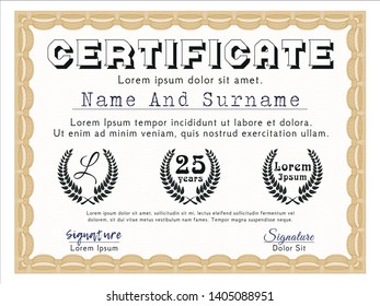 Orange Certificate template or diploma template. Complex background. Artistry design. Vector illustration. 