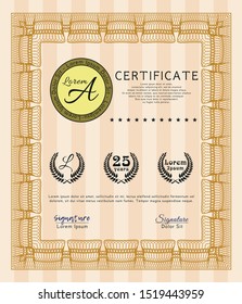 Orange Certificate template or diploma template. With complex background. Detailed. Perfect design. 