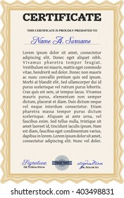 Orange Certificate template or diploma template. Complex background. Vector pattern that is used in currency and diplomas.Superior design. 