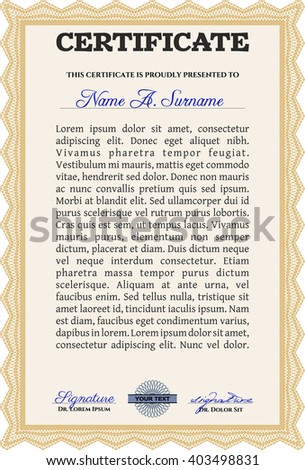 Orange Certificate template or diploma template. Complex background. Vector pattern that is used in currency and diplomas.Superior design. 