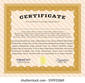 Orange Certificate template or diploma template. Cordial design. With great quality guilloche pattern. Detailed. 