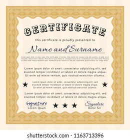 Orange Certificate template or diploma template. Customizable, Easy to edit and change colors. With guilloche pattern and background. Money Pattern. 