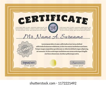 Orange Certificate template or diploma template. Detailed. Complex background. Cordial design. 