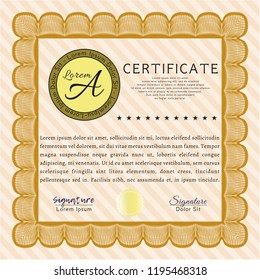 Orange Certificate template or diploma template. Detailed. With guilloche pattern. Artistry design. 