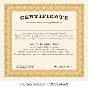 Orange Certificate template or diploma template. Detailed. With linear background. Beauty design. 