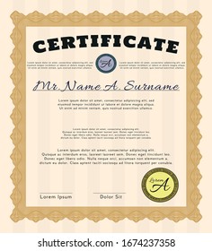 Orange Certificate template or diploma template. Easy to print. Money design. Detailed. 