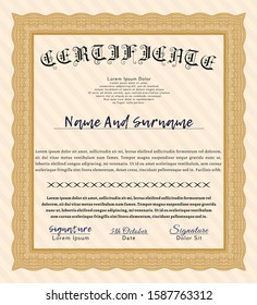 Orange Certificate template or diploma template. Elegant design. With guilloche pattern. Detailed. 