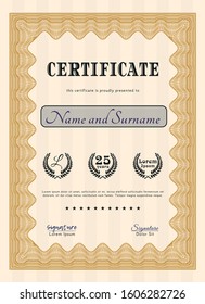Orange Certificate template or diploma template. Elegant design. Detailed. Printer friendly. 
