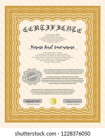 Orange Certificate template or diploma template. With guilloche pattern. Customizable, Easy to edit and change colors. Money Pattern. 