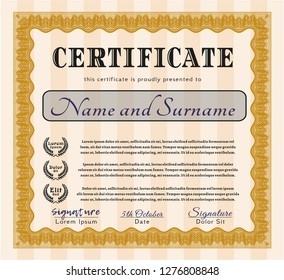Orange Certificate template or diploma template. With guilloche pattern and background. Superior design. Detailed. 