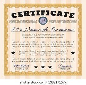 Orange Certificate template or diploma template. With guilloche pattern and background. Nice design. Vector illustration. 
