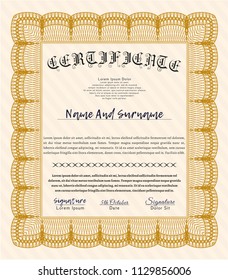 Orange Certificate template or diploma template. With linear background. Money Pattern. Detailed. 