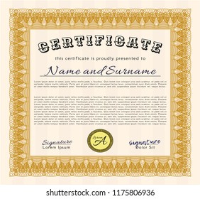 Orange Certificate template or diploma template. With linear background. Vector illustration. Money style design. 