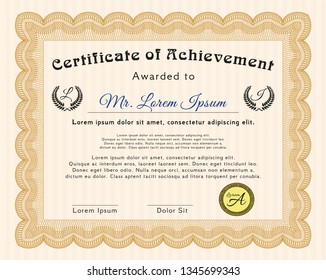 Orange Certificate template or diploma template. Money Pattern design. Detailed. With complex background. 