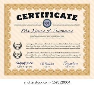 Orange Certificate template or diploma template. Money Pattern. Customizable, Easy to edit and change colors. With guilloche pattern. 
