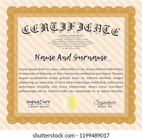 Orange Certificate template or diploma template. Perfect design. With guilloche pattern and background. Customizable, Easy to edit and change colors. 