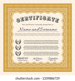 Orange Certificate template or diploma template. With quality background. Vector illustration. Money Pattern. 