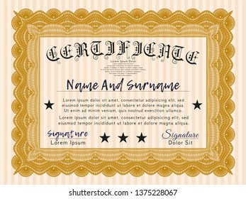 Orange Certificate template or diploma template. With quality background. Cordial design. Detailed. 