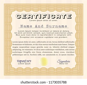 Orange Certificate template or diploma template. Sophisticated design. Vector illustration. With great quality guilloche pattern. 