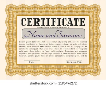 Orange Certificate template or diploma template. Vector illustration. With guilloche pattern. Cordial design. 