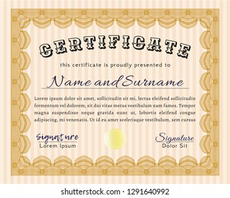 Orange Certificate template or diploma template. Vector illustration. With guilloche pattern and background. Money style design. 