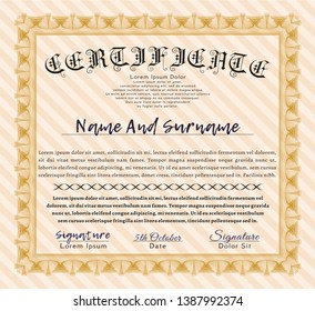 Orange Certificate template or diploma template. Vector illustration. With background. Money Pattern design. 
