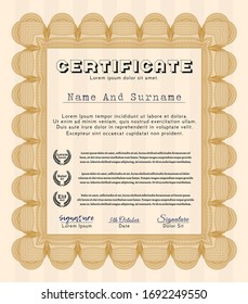 Orange Certificate template or diploma template. Vector illustration. With complex linear background. Nice design. 