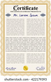 Orange Certificate template or diploma template. Vector pattern that is used in currency and diplomas.Superior design. Complex background. 